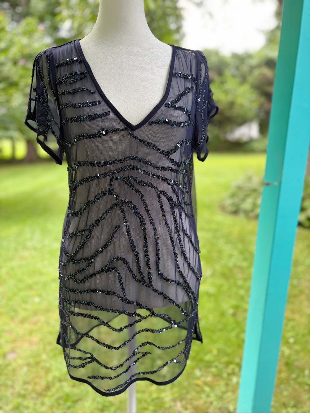 NWT: Blue Beaded Sequin Mesh Tunic Top WHBM Size S.
